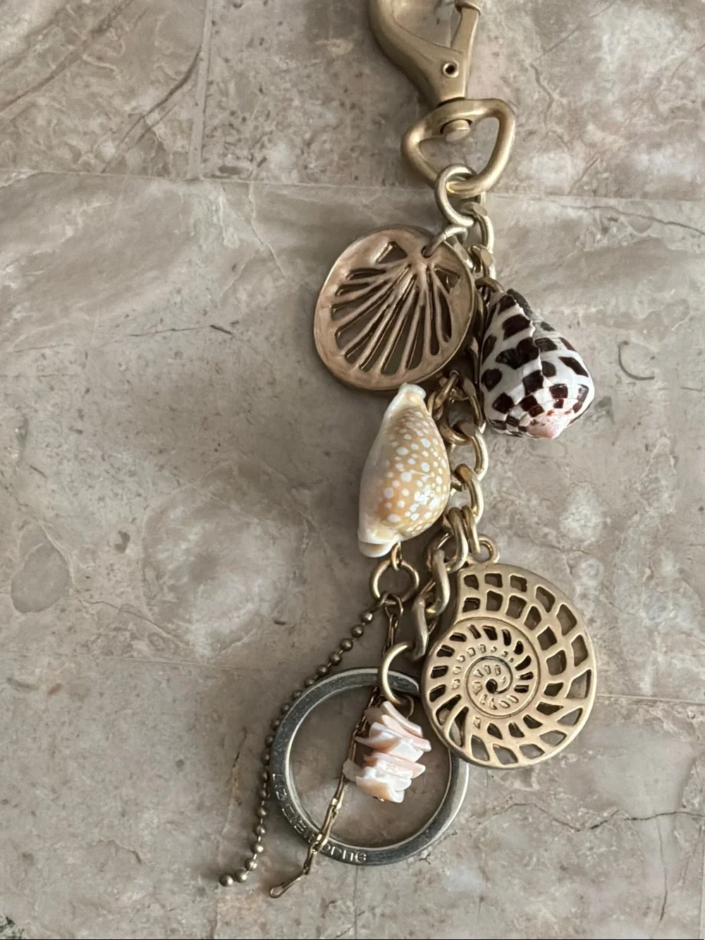 LIZ CLAIBORNE   Purse Charm Keychain - Gold Tone with White & Brown Shells
